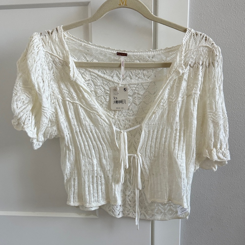 Free People Cream Lace-Up Blouse
